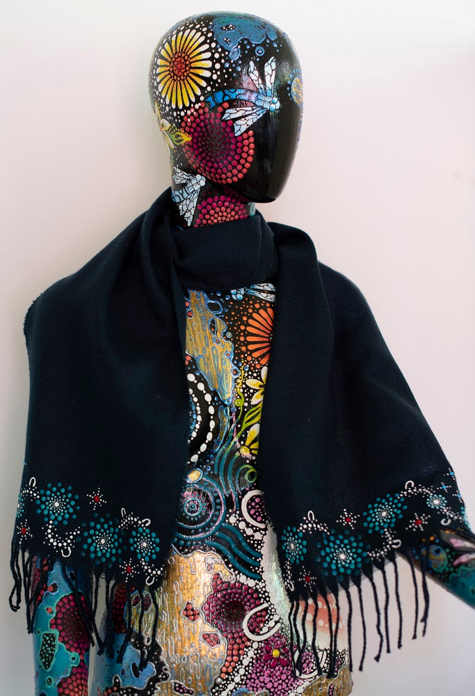 All One Country Hand Painted Navy Blue Scarf - Aqua