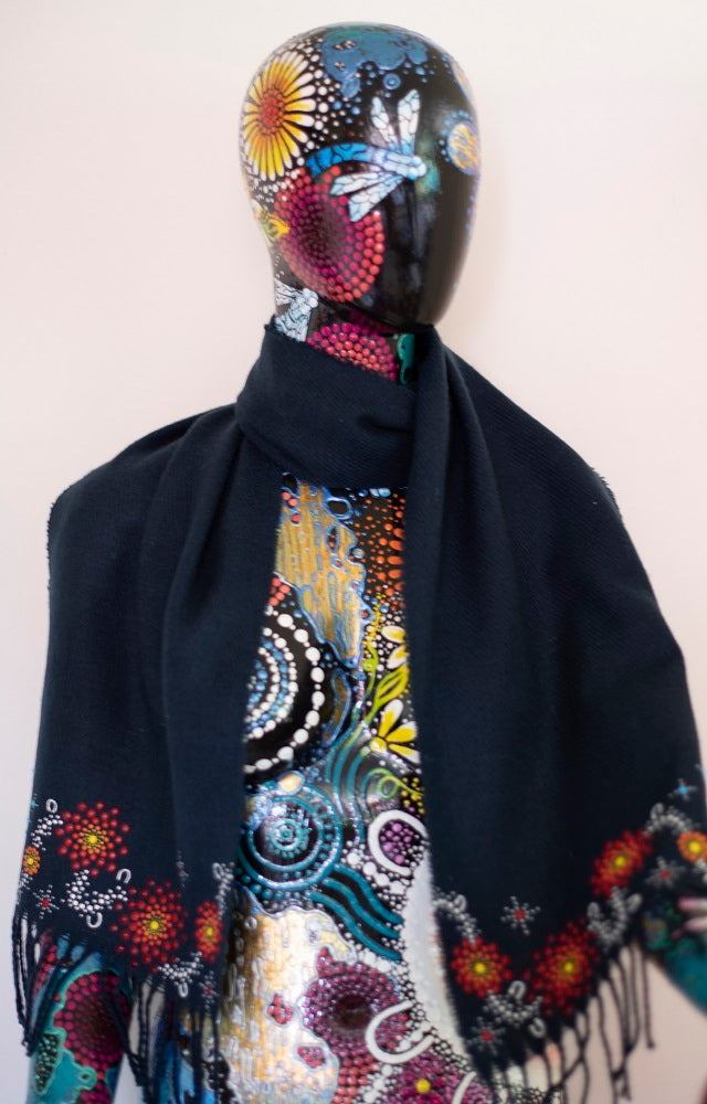 All One Country Hand Painted Navy Blue Scarf - Red