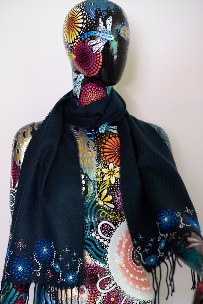 All One Country Hand Painted Navy Blue Scarf - Blue